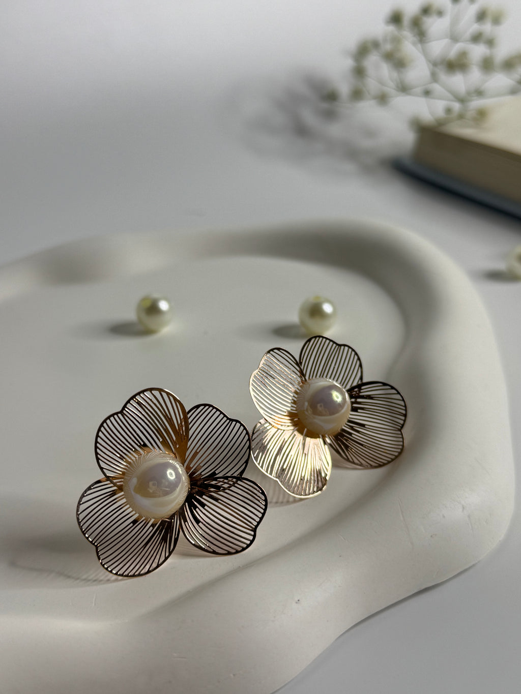 Metal Floral Pearl Stud Earrings Rose Gold