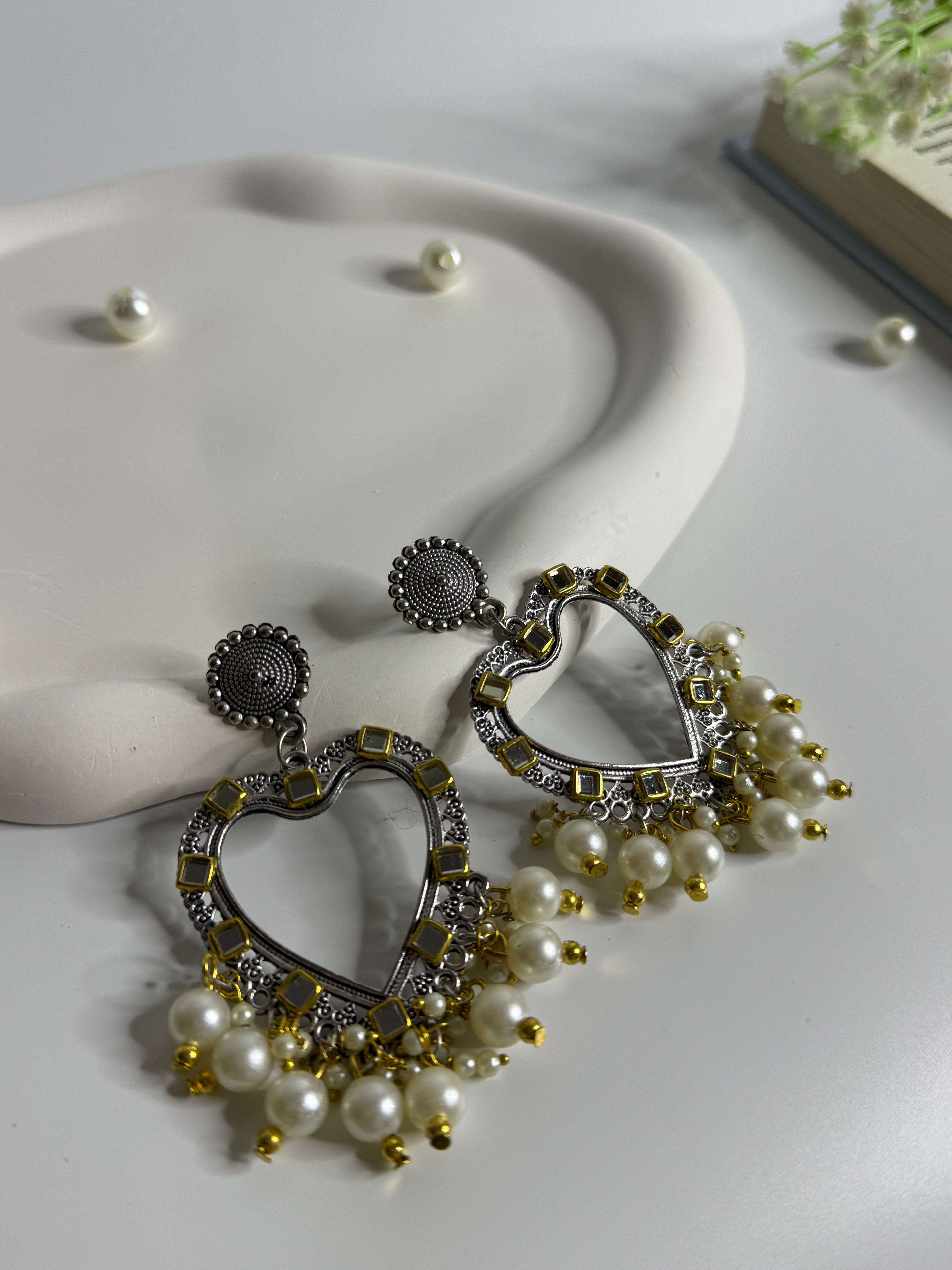 Oxidised Kundan Heart Drop Earrings