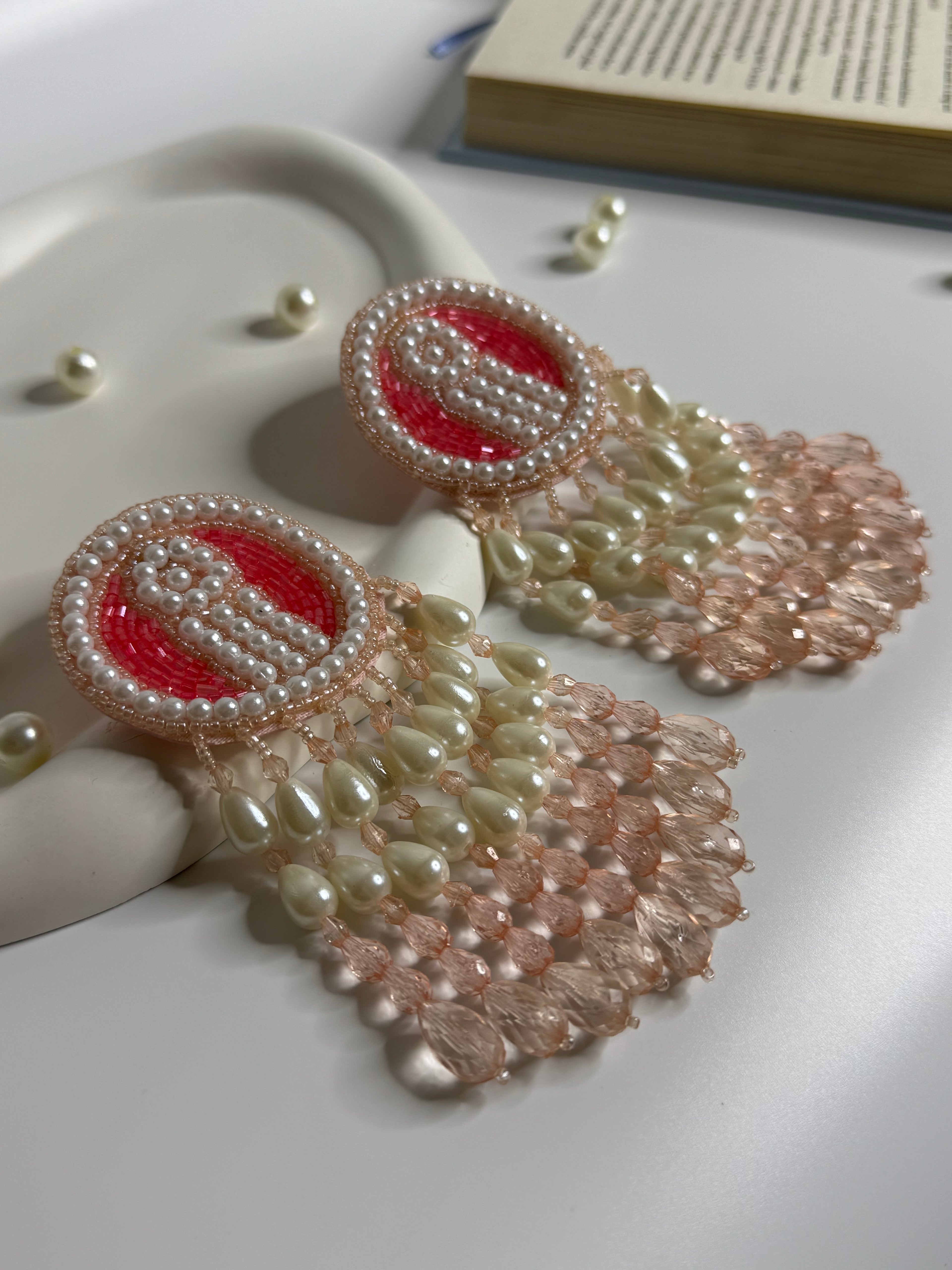 Handmade Disc Layered Drop Earrings Pink