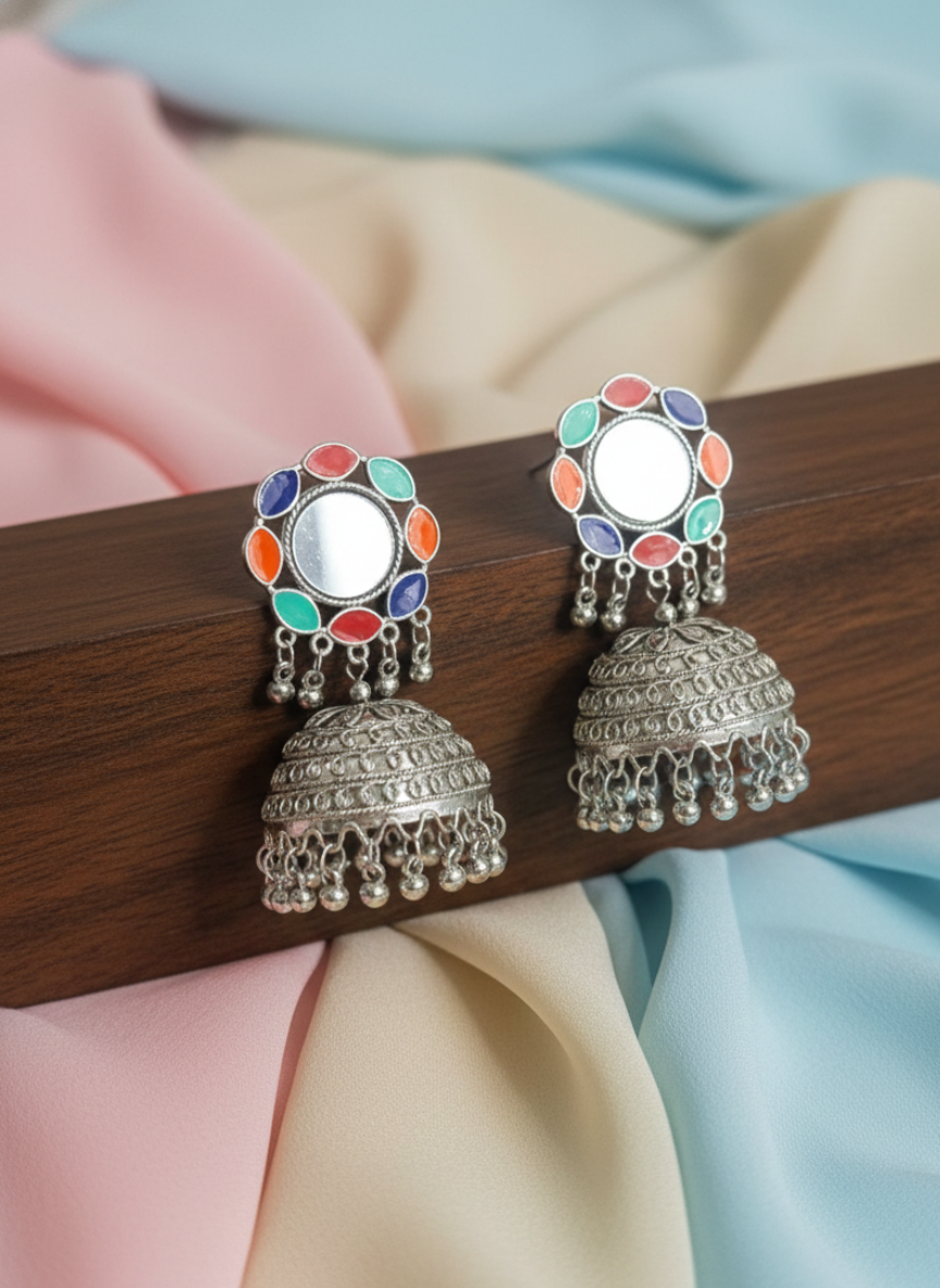 Oxidised Multicolour Mirror Work Jhumki Earrings
