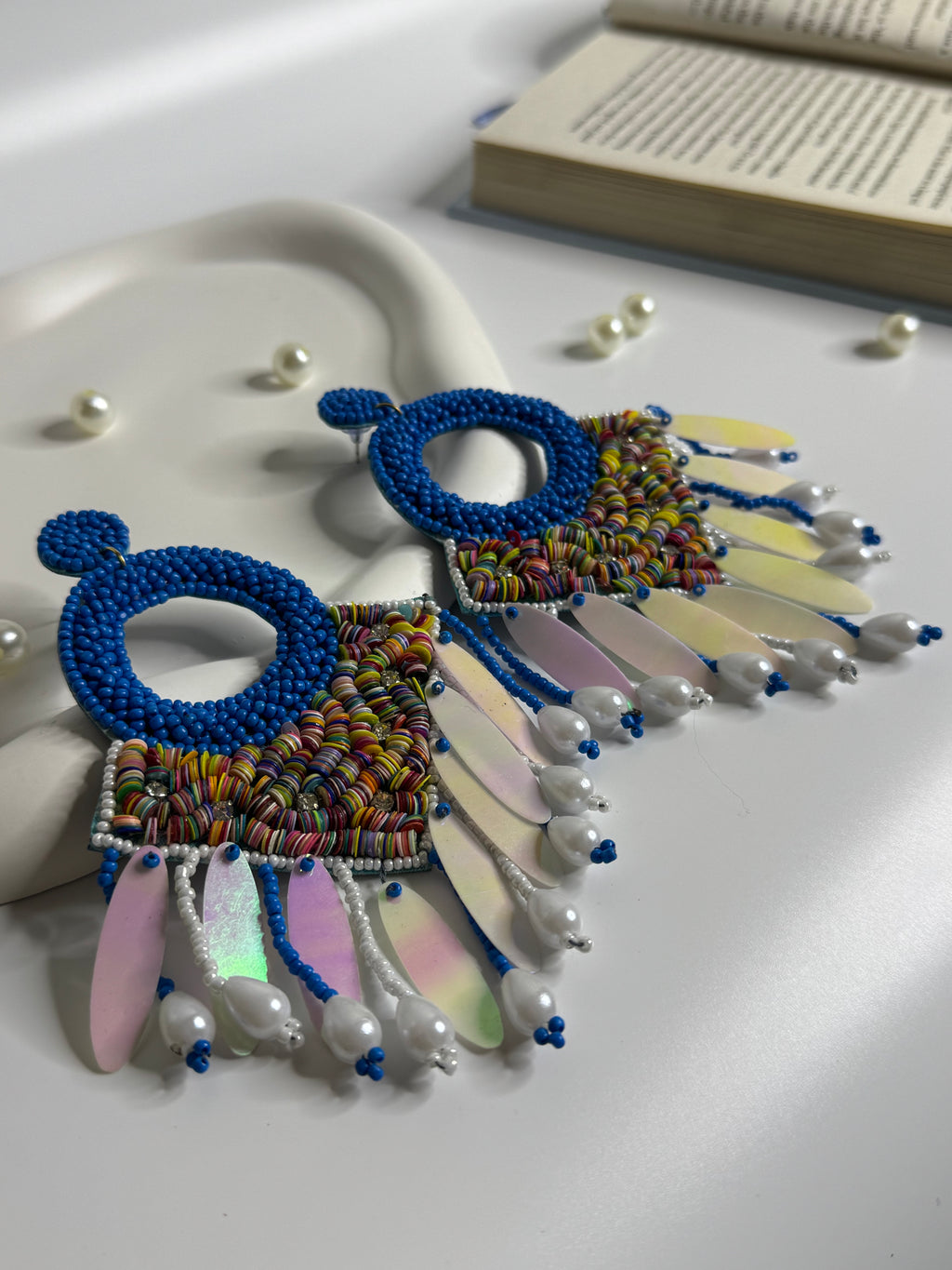 Handmade Open Ring Statement Earrings Blue