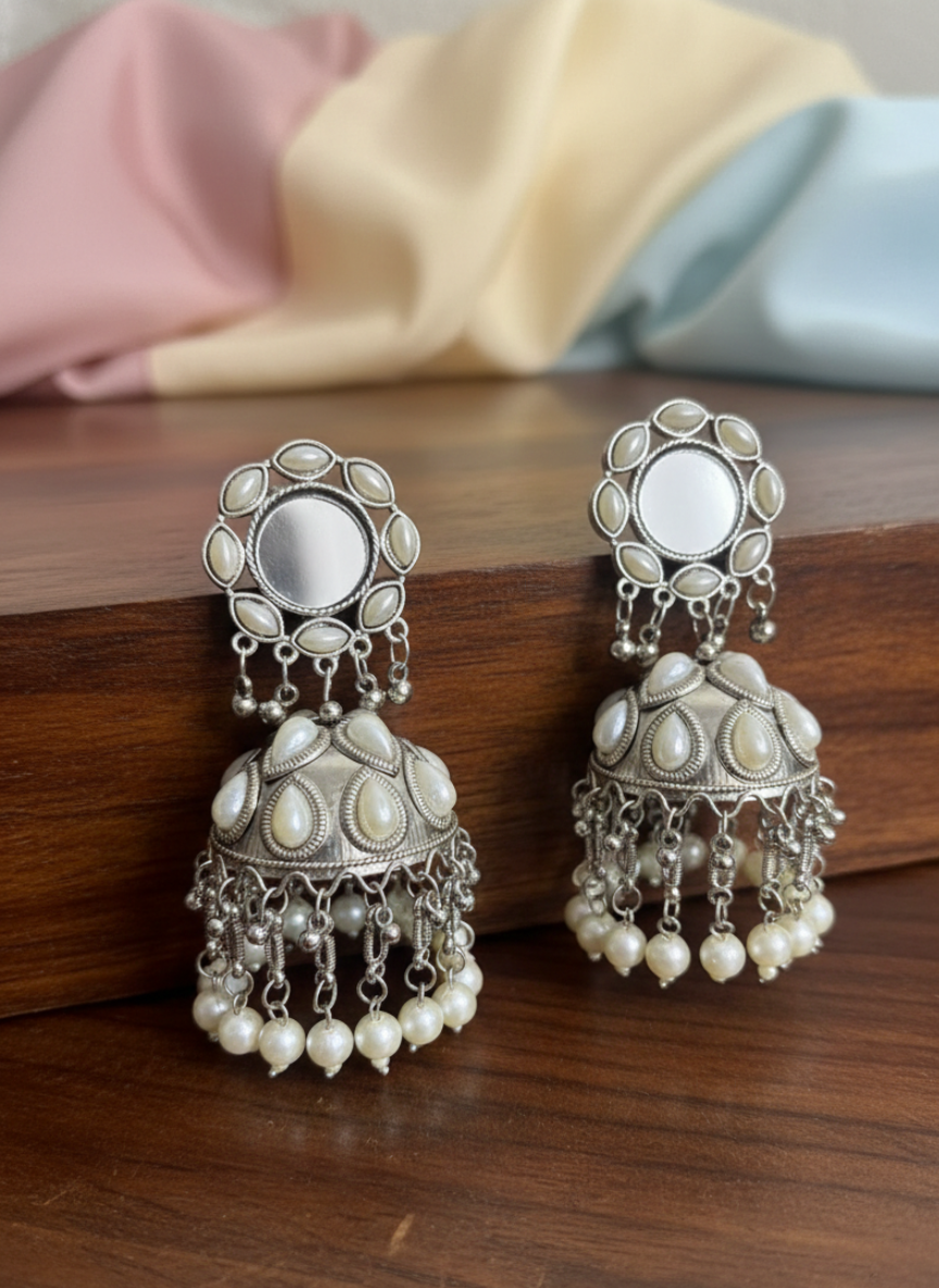 Oxidised Mirror Pearl Jhumki Earrings