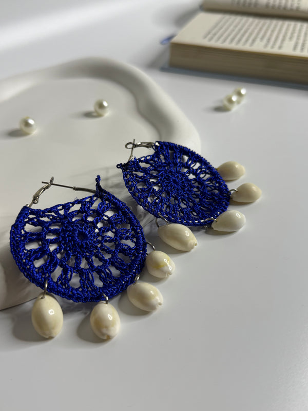 Handmade Lace Disc Shell Drop Earrings Blue