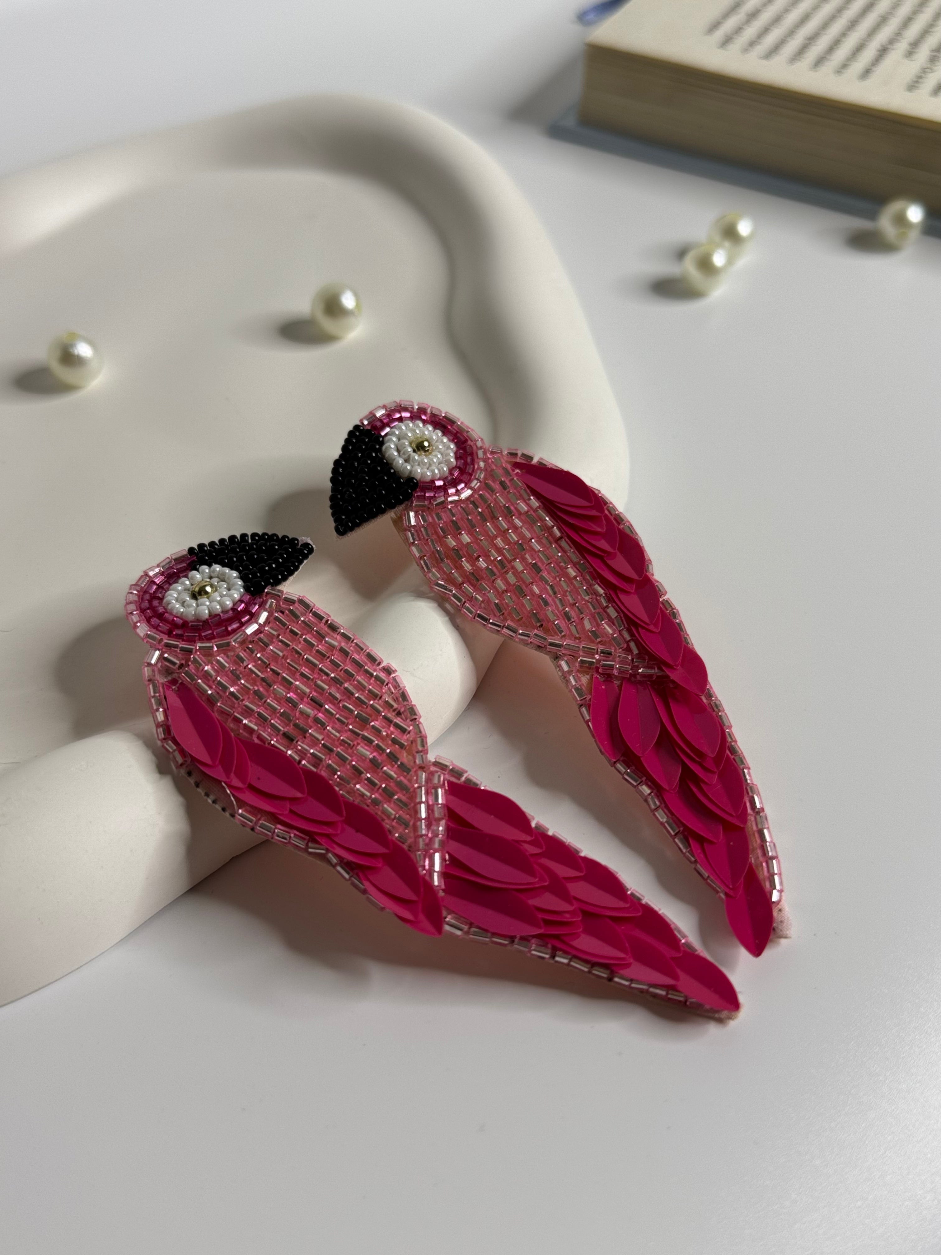 Handmade Beaded Peacock Statement Earrings Pink