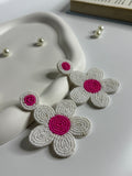 Handmade Beaded Daisy Drop Earrings Pink & White