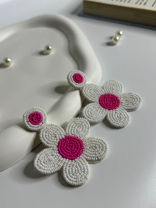 Handmade Beaded Daisy Drop Earrings Pink & White