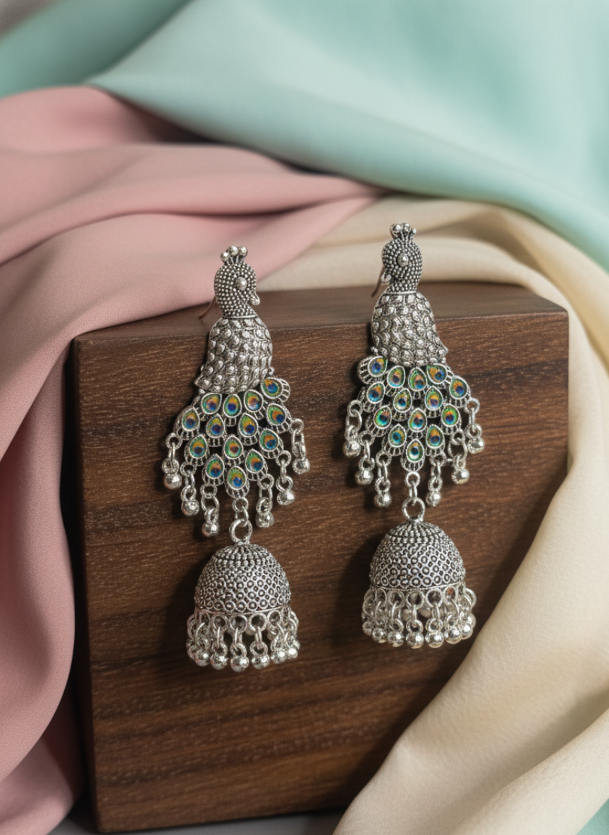 Peacock Feather Oxidised Jhumki Earrings