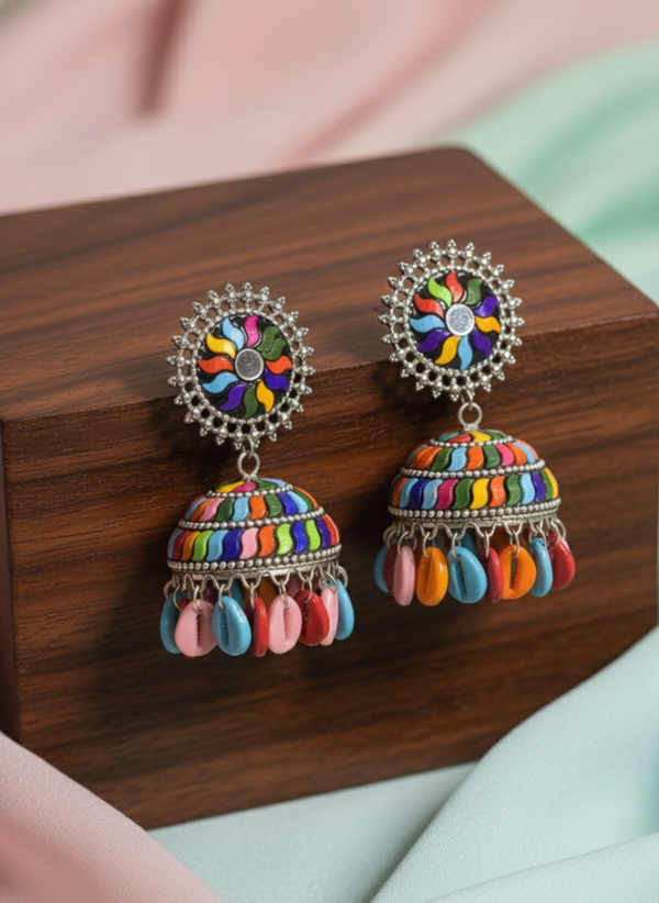 Oxidised Multicolour Shell Jhumki Earrings