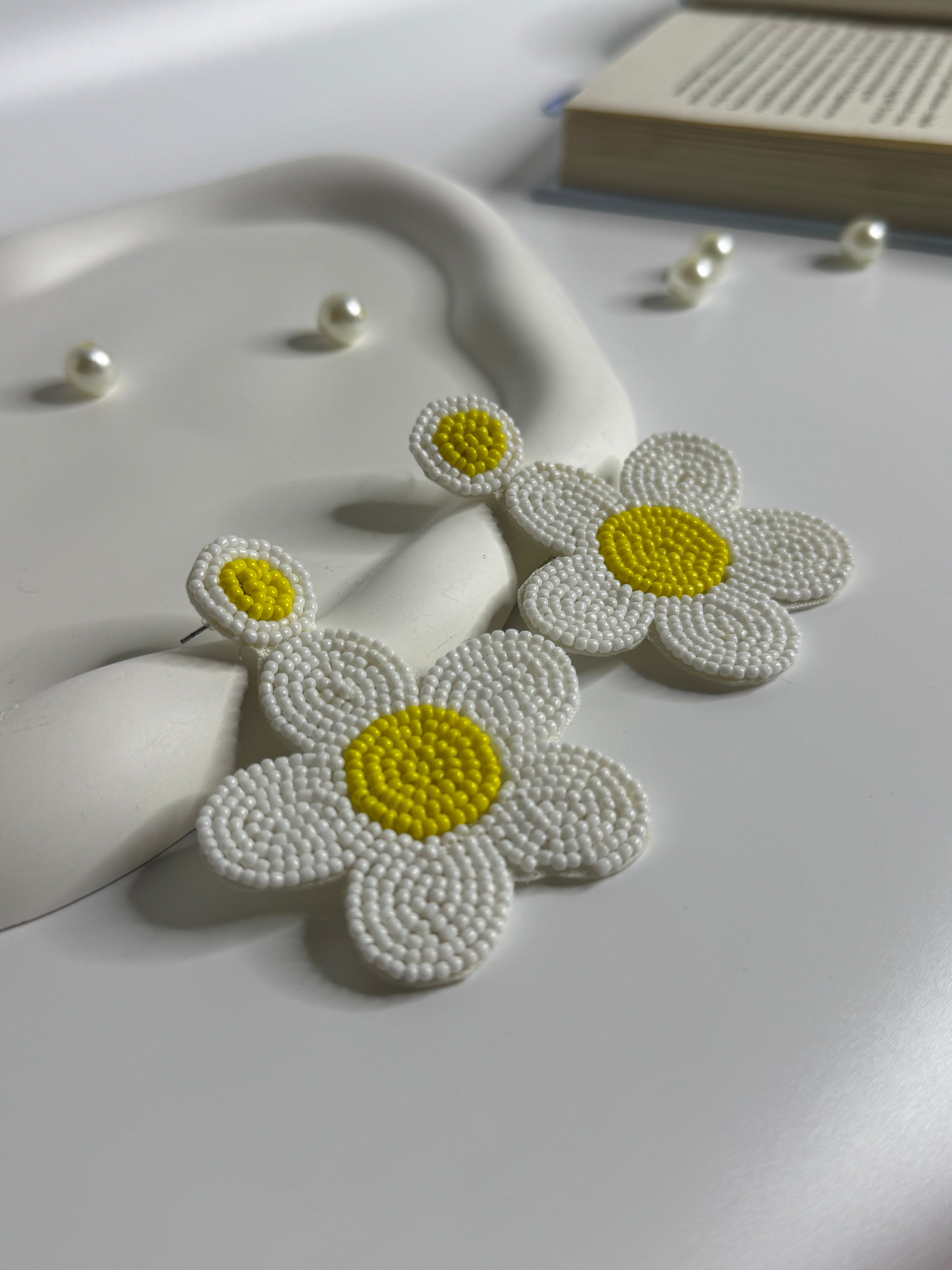 Handmade Beaded Daisy Drop Earrings Yellow & White