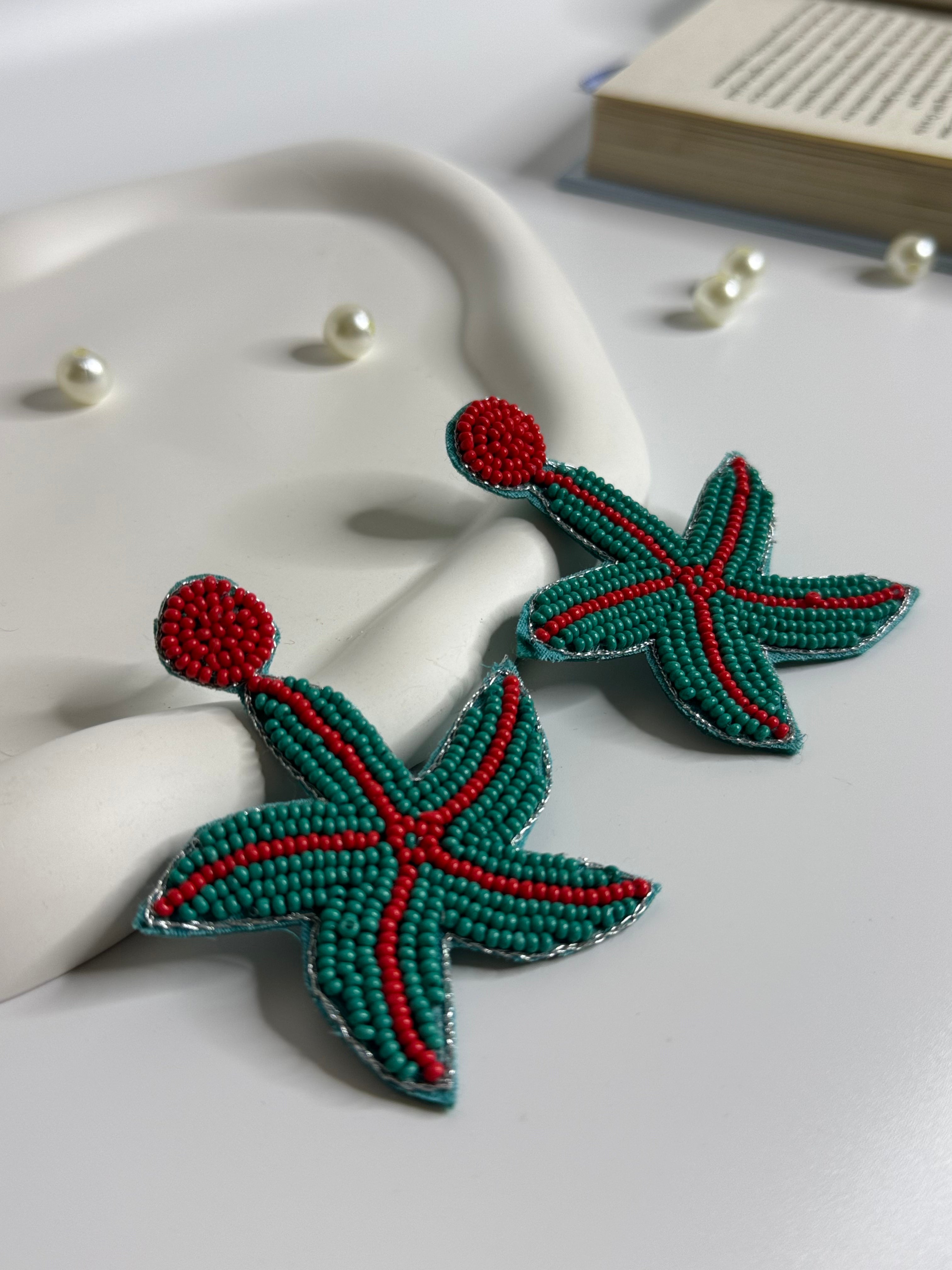 Green & Red Starfish Beaded Handmade Earrings