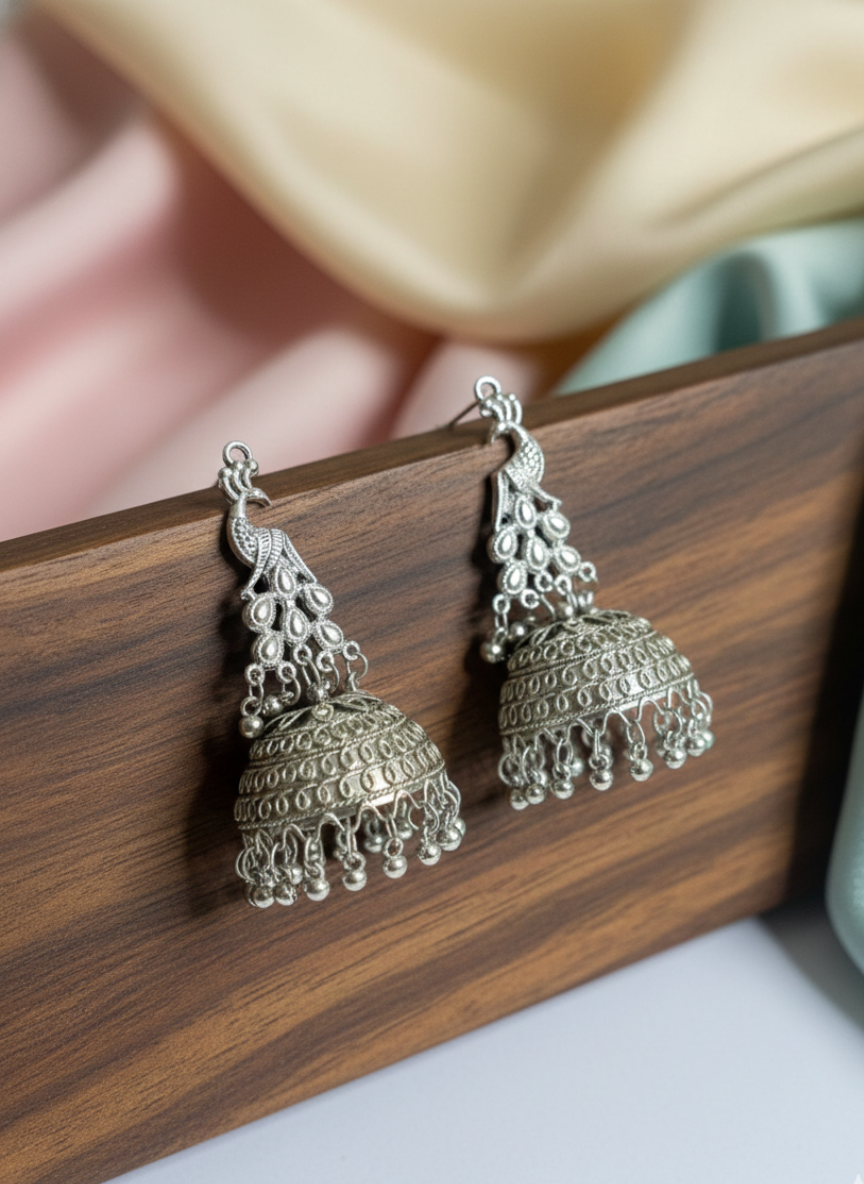 Oxidised Peacock Dome Jhumki Earrings