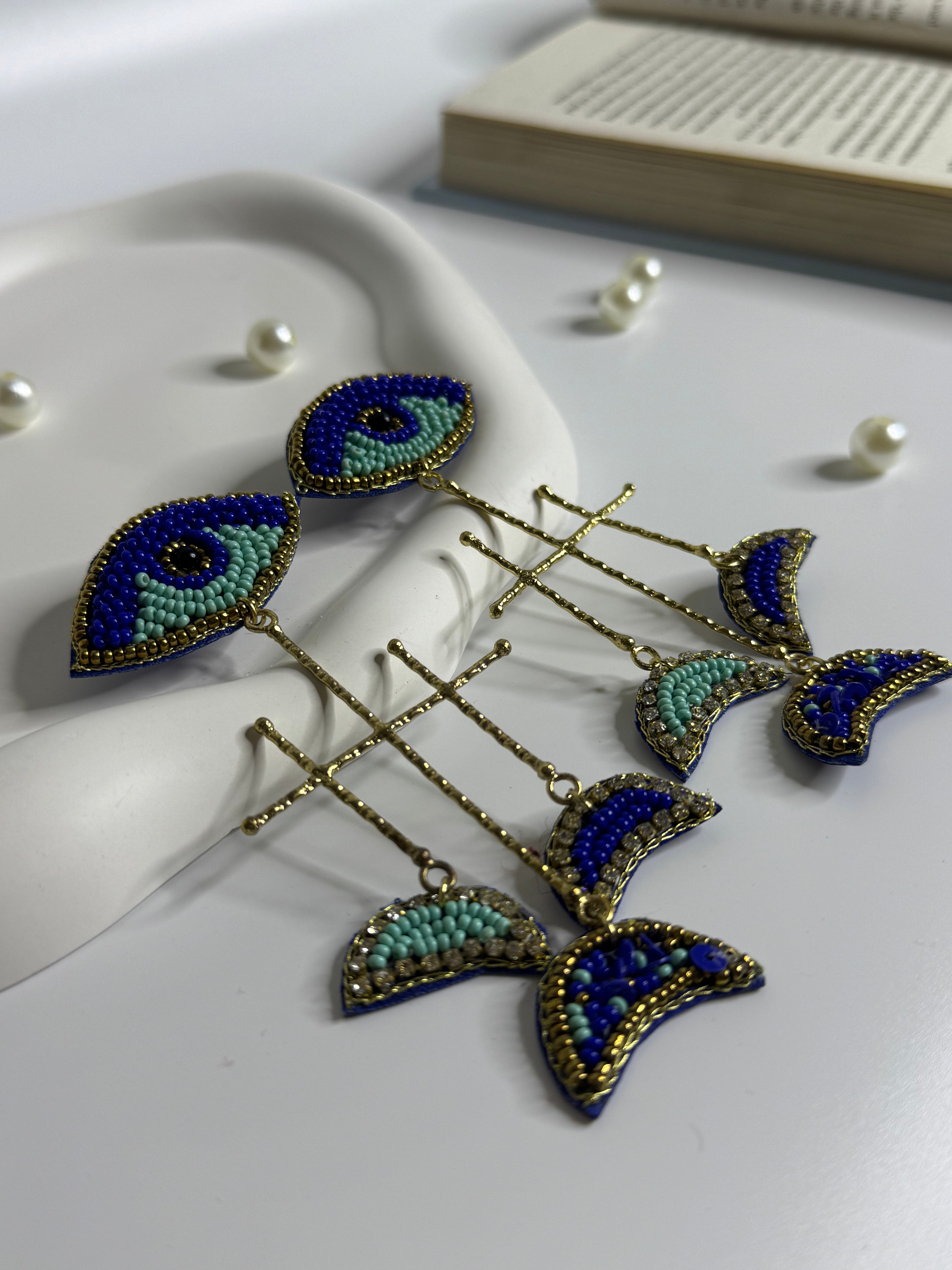 Evil Eye Handmade Long Statement Earrings Blue
