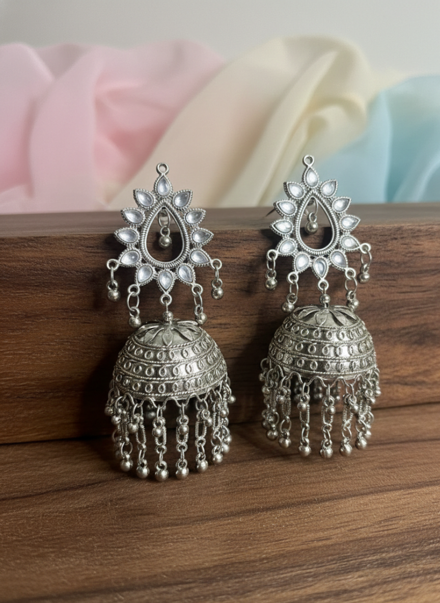 Oxidised Mirror Dome Jhumki Earrings