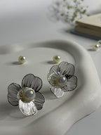 Metal Floral Pearl Stud Earrings Silver