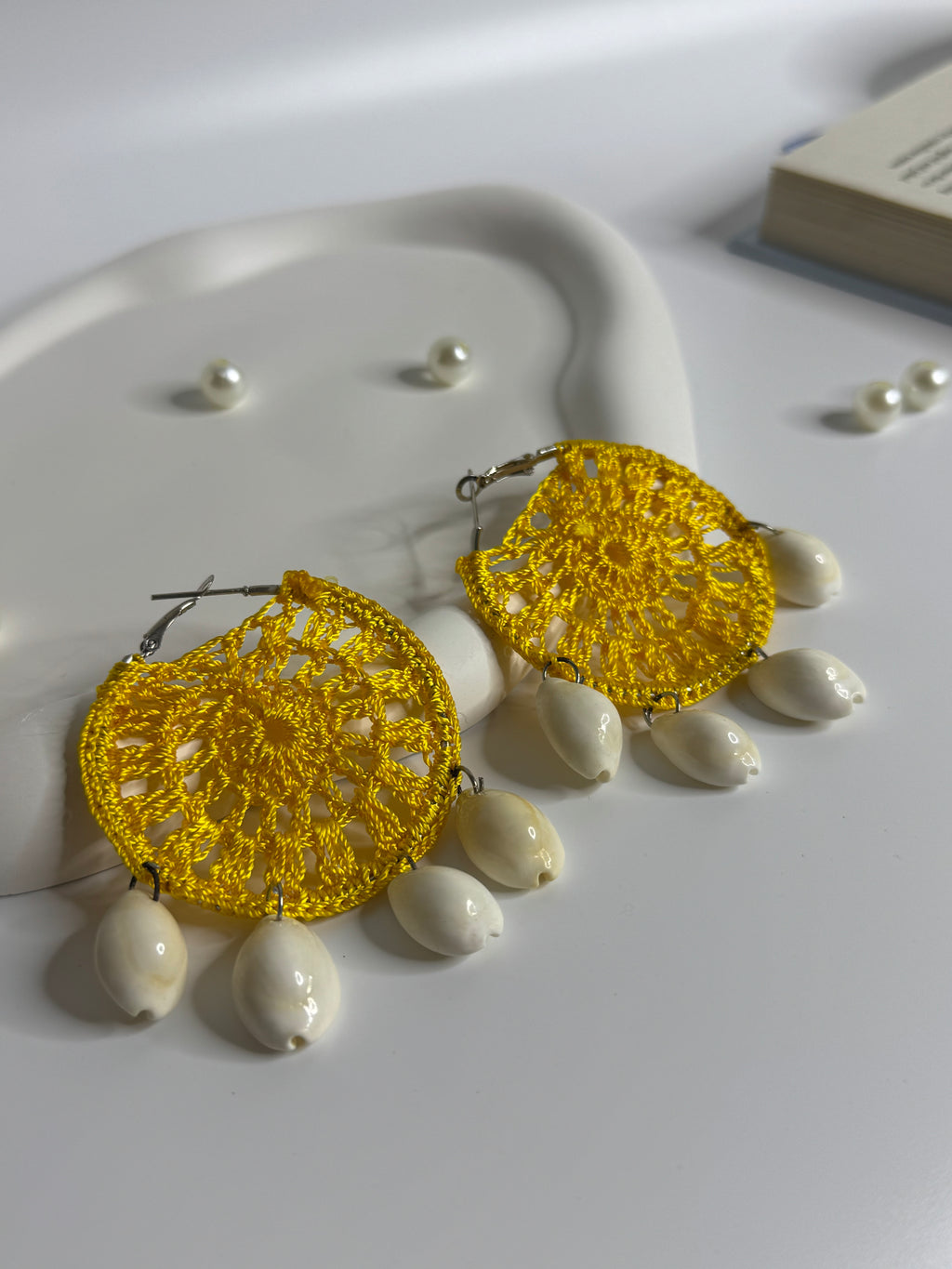 Handmade Lace Disc Shell Drop Earrings Yellow