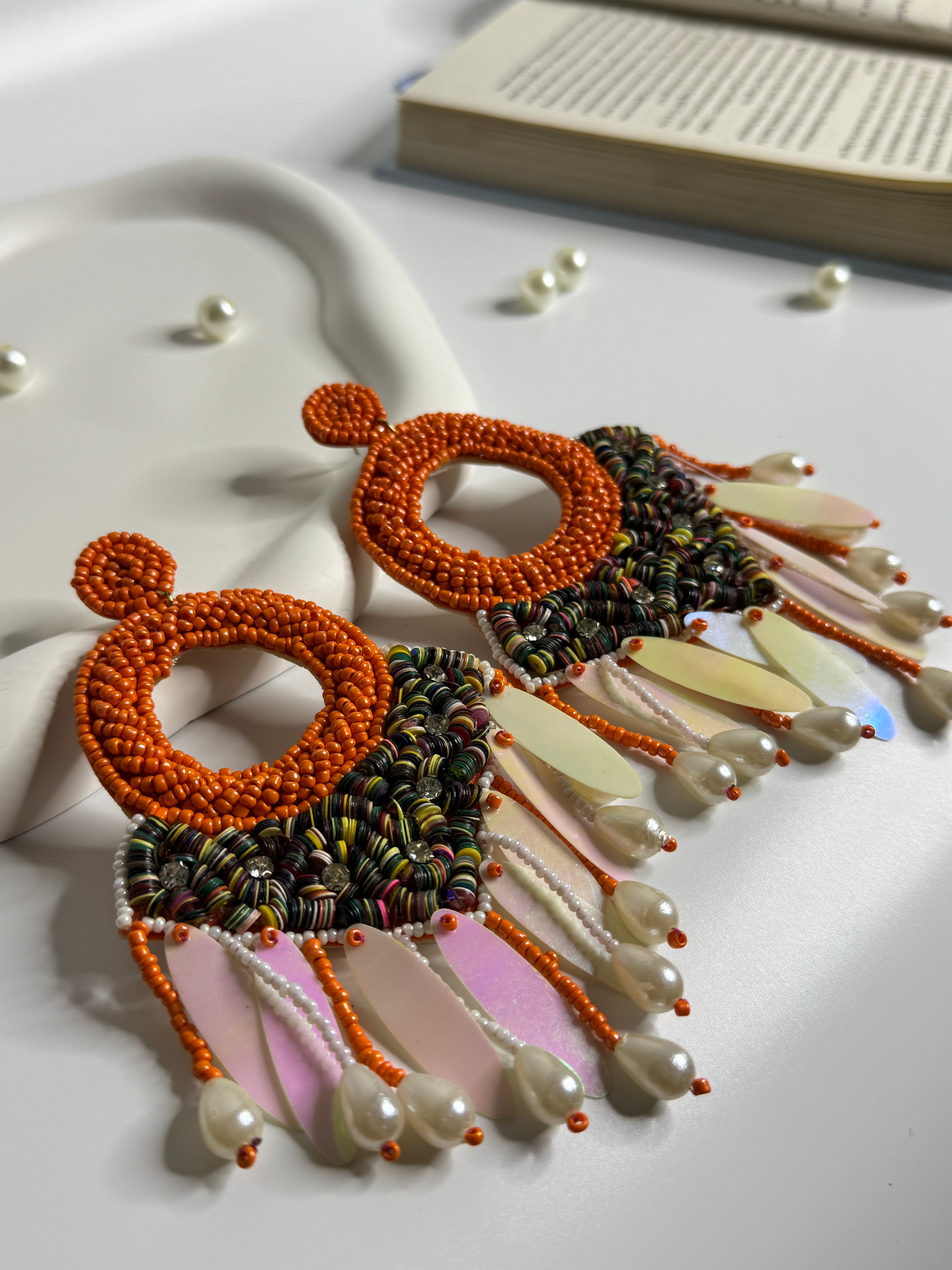 Handmade Open Ring Statement Earrings Orange