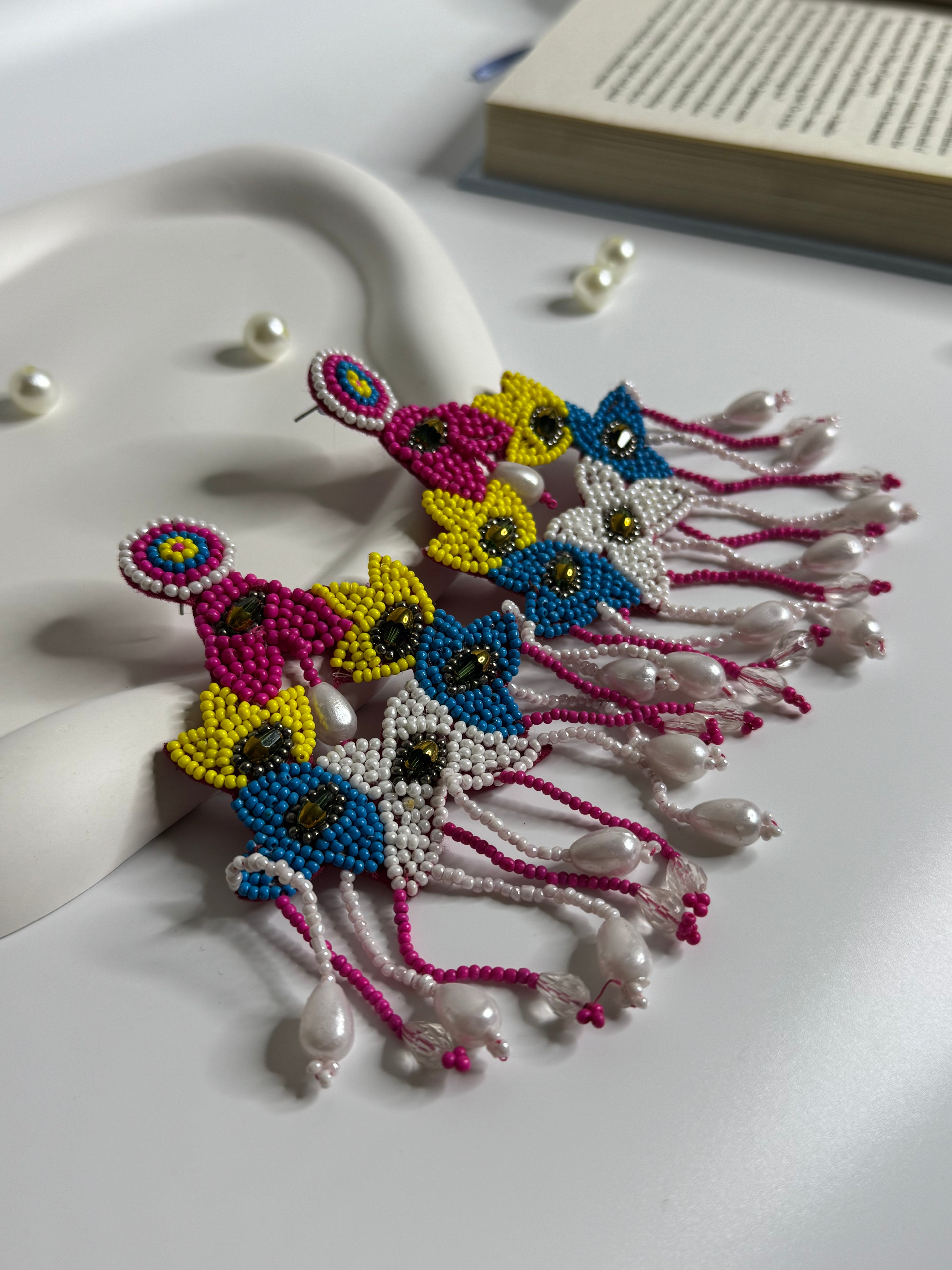 Handmade Beaded Floral Pearl Dangler Earrings