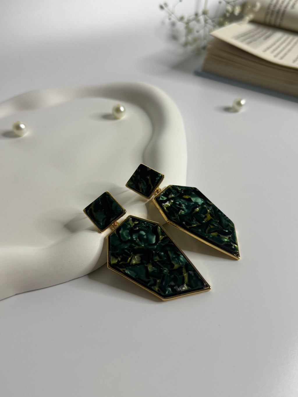 Marbled Edge Statement Earrings Dark Green