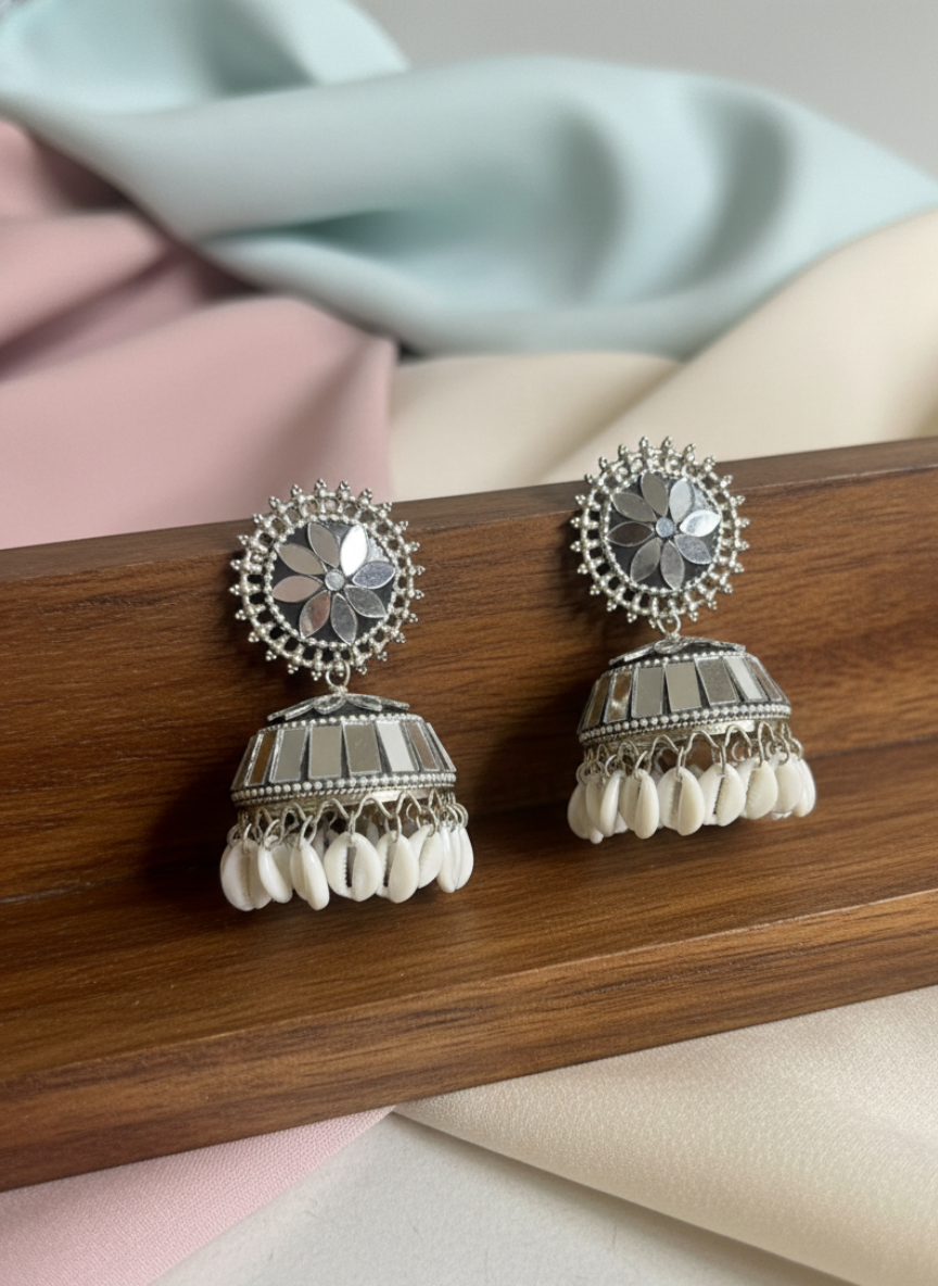 Oxidised Mirror Inlay Jhumki Earrings