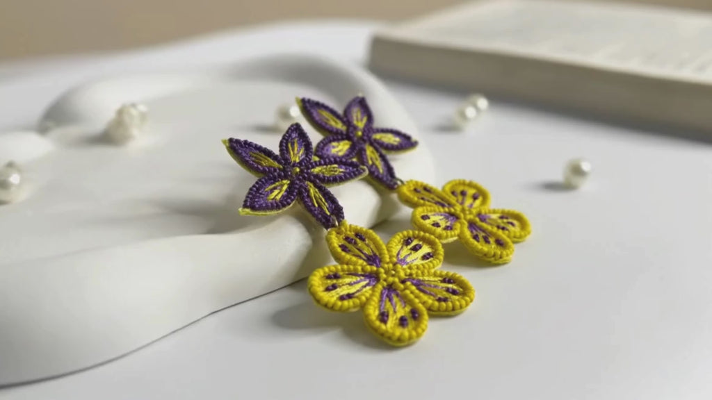 Purple & Yellow Handmade Beaded Floral Drop Earrings
