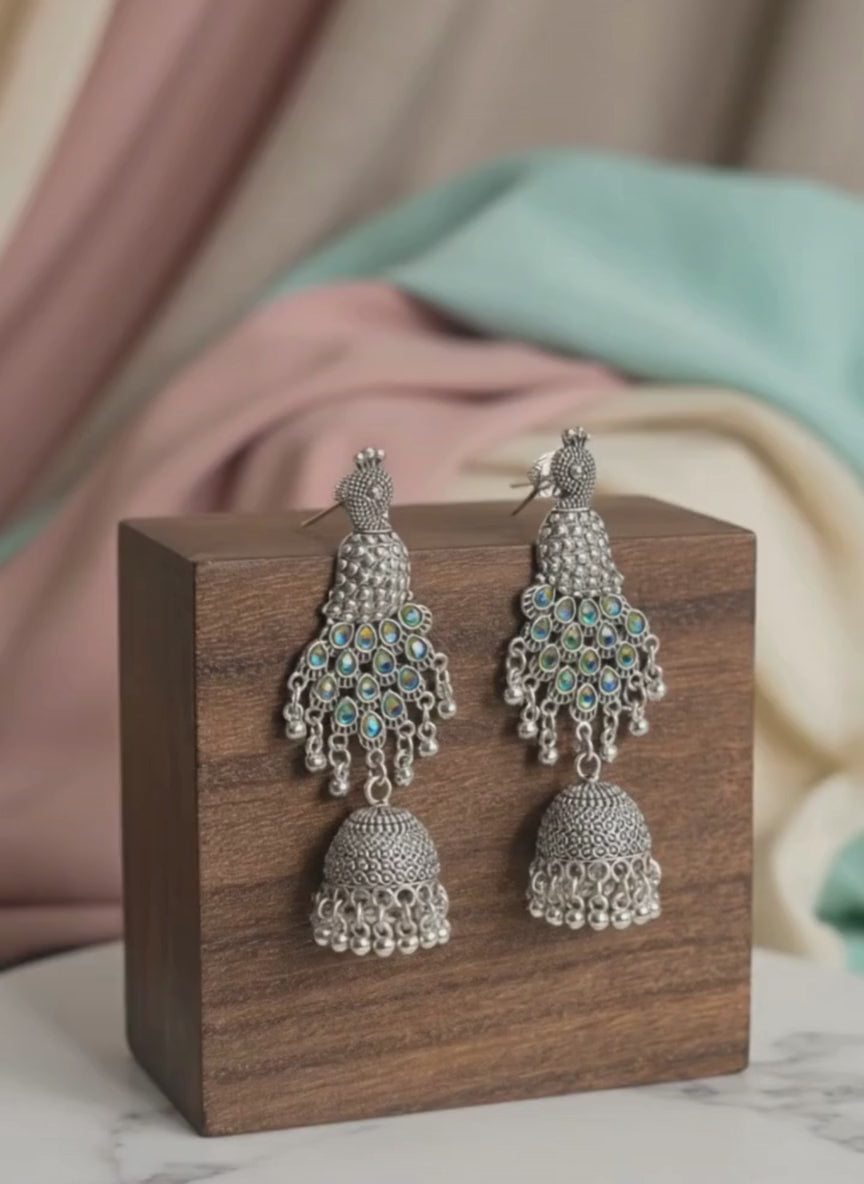 Peacock Feather Oxidised Jhumki Earrings