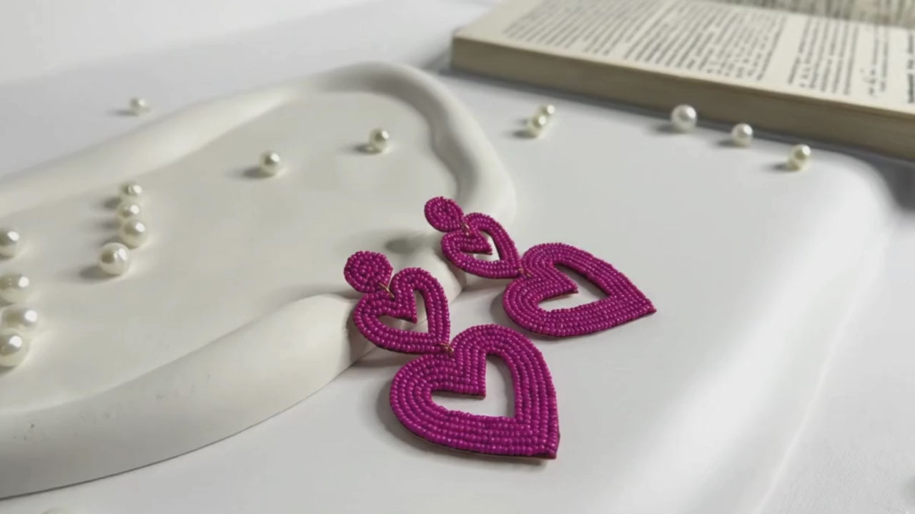 Double Heart Handmade Beaded Drop Earrings