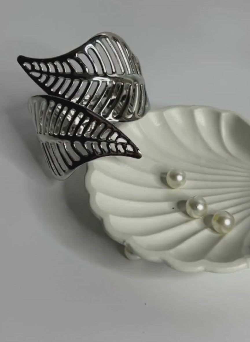 Silver Twin Leaf Open Bracelet