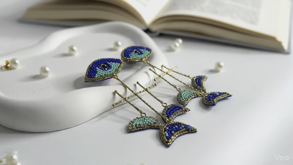 Evil Eye Handmade Long Statement Earrings Blue