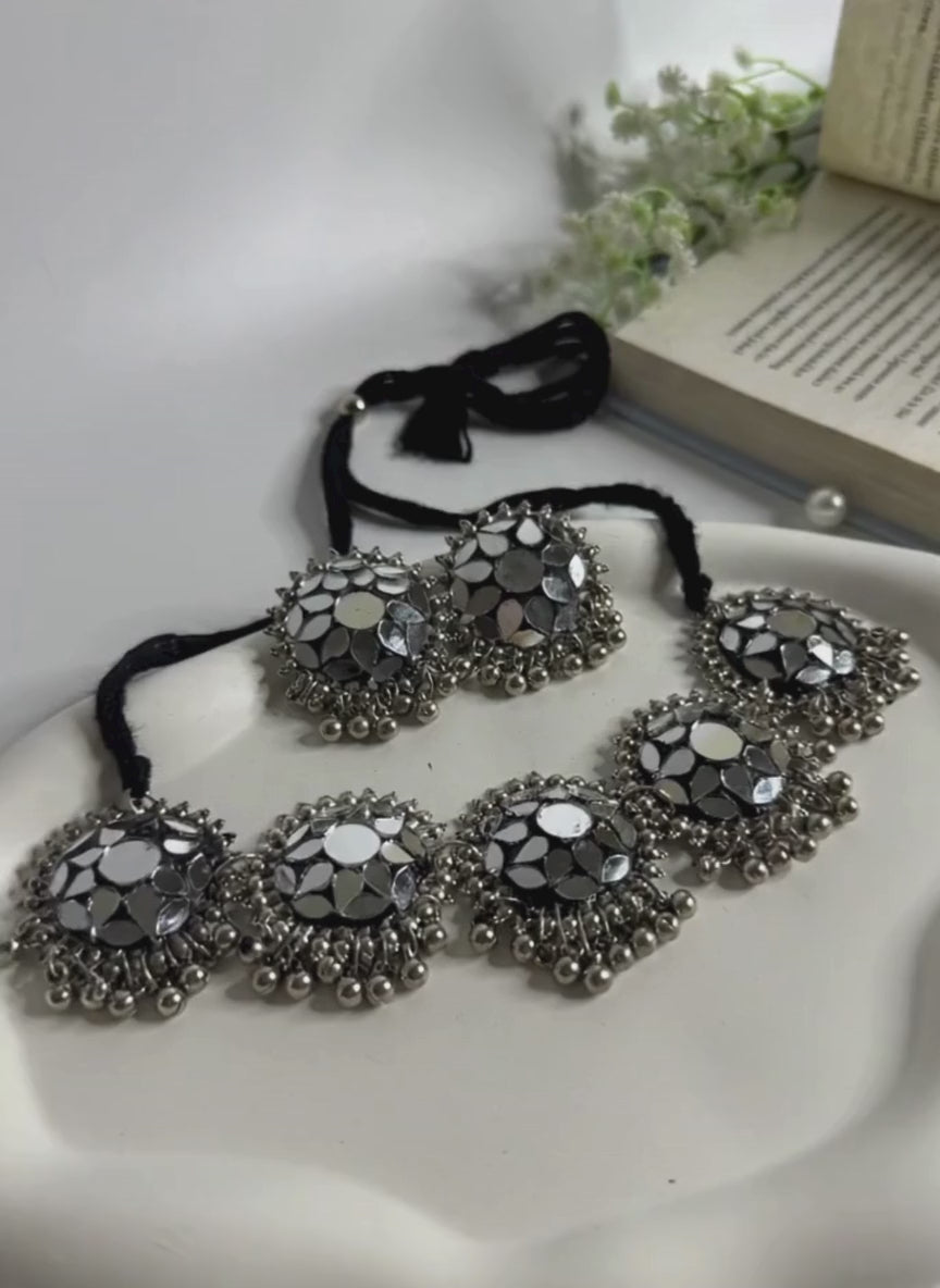 Taditional Mirror Disc Oxidised Choker Set
