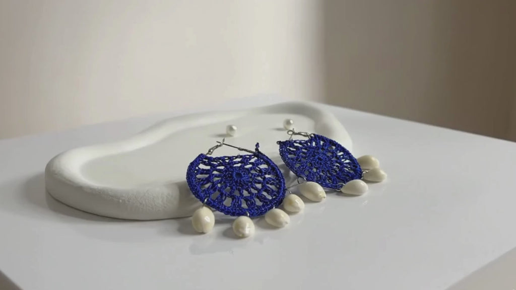 Handmade Lace Disc Shell Drop Earrings Blue