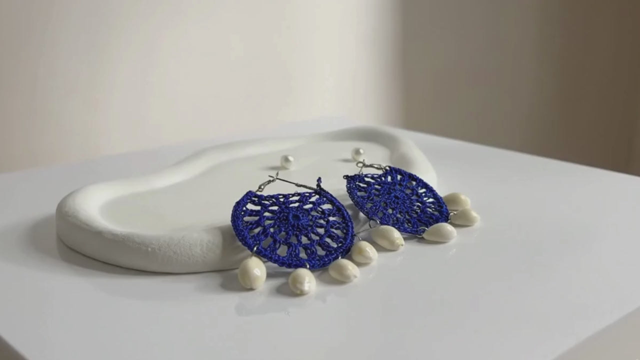 Handmade Lace Disc Shell Drop Earrings Blue