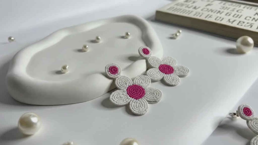 Handmade Beaded Daisy Drop Earrings Pink & White