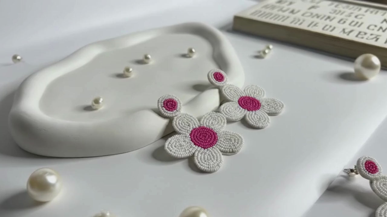 Handmade Beaded Daisy Drop Earrings Pink & White