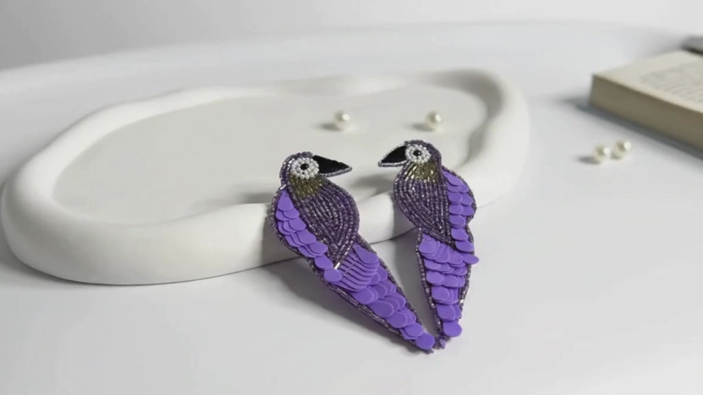 Handmade Beaded Peacock Statement Earrings Violet