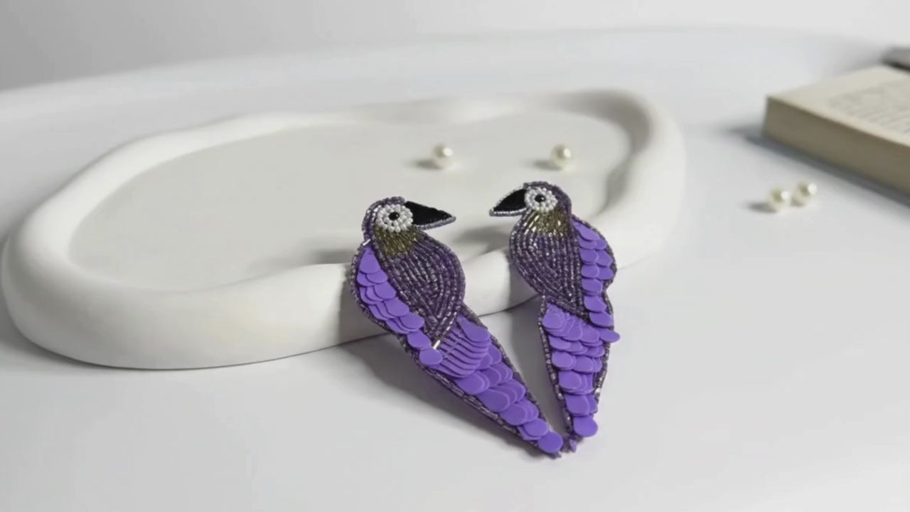 Handmade Beaded Peacock Statement Earrings Violet