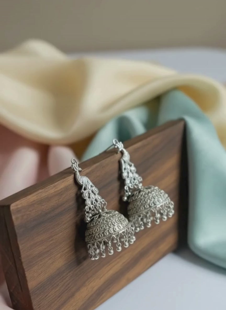 Oxidised Peacock Dome Jhumki Earrings