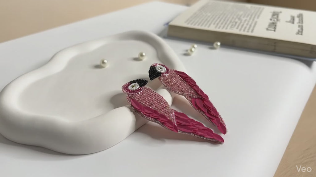 Handmade Beaded Peacock Statement Earrings Pink