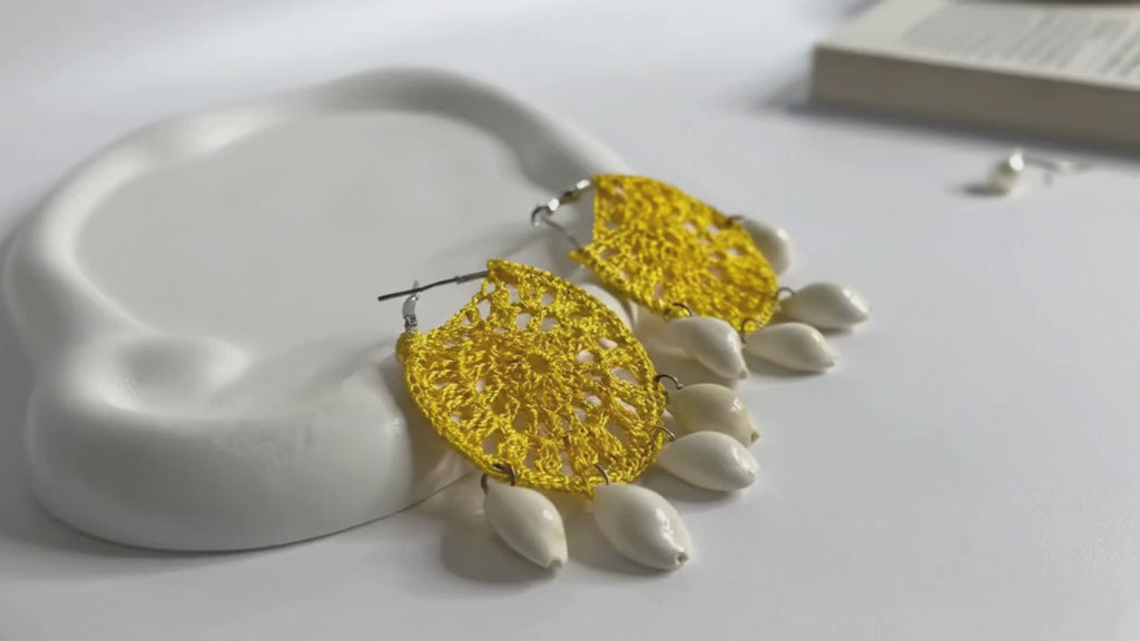 Handmade Lace Disc Shell Drop Earrings Yellow