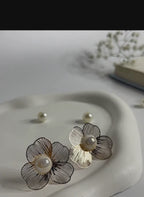 Metal Floral Pearl Stud Earrings Rose Gold