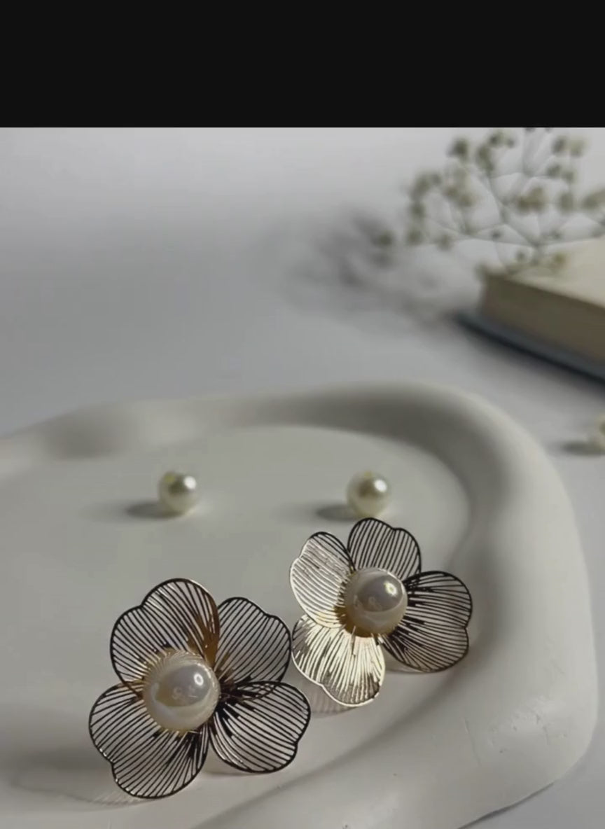 Metal Floral Pearl Stud Earrings Rose Gold