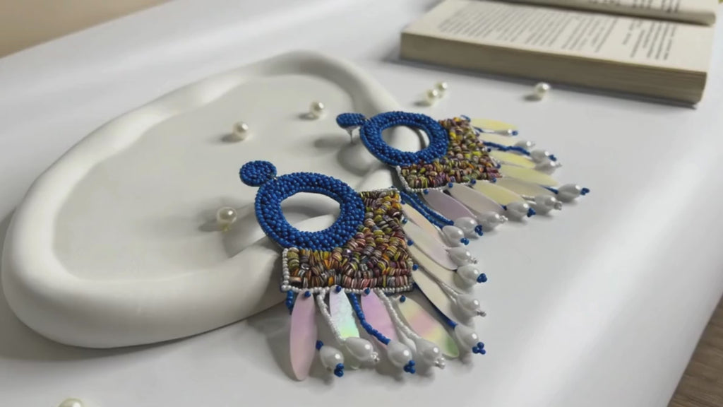 Handmade Open Ring Statement Earrings Blue