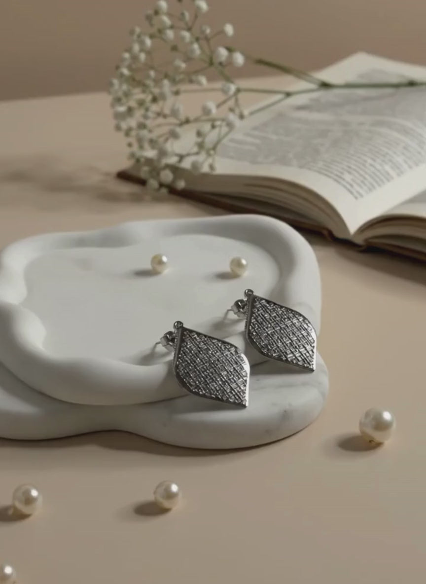 Silver Grid Leaf Statement Earrings