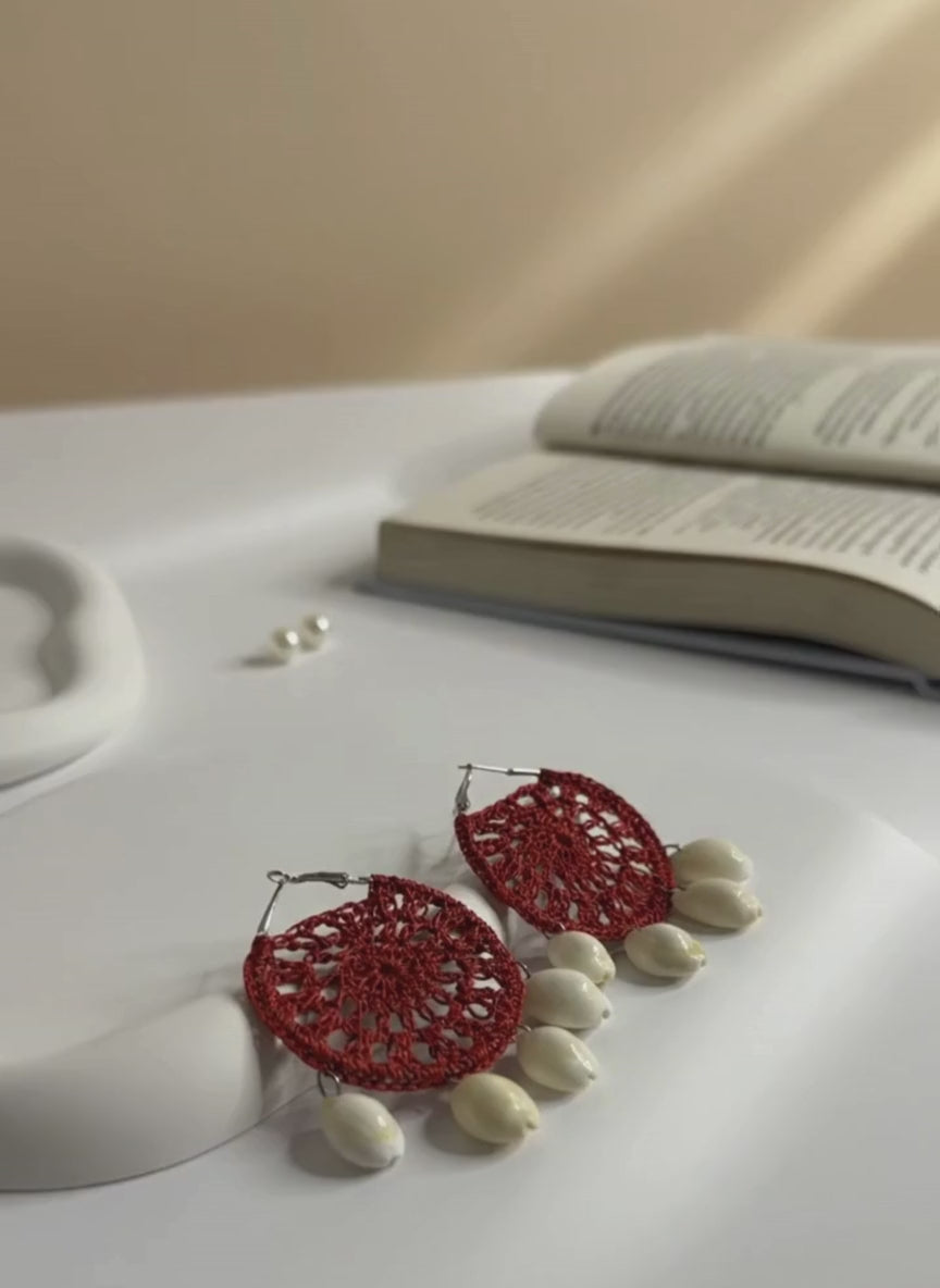 Handmade Lace Disc Shell Drop Earrings Red