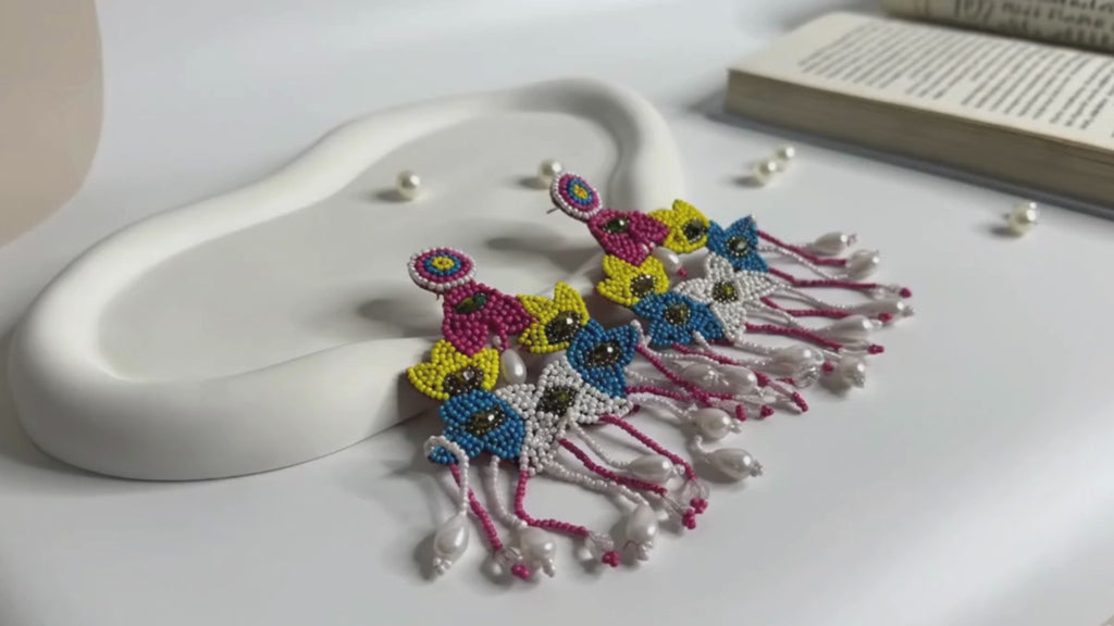 Handmade Beaded Floral Pearl Dangler Earrings