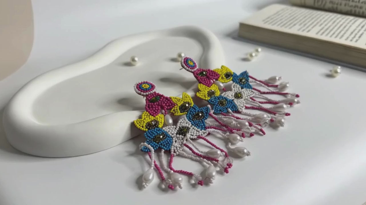 Handmade Beaded Floral Pearl Dangler Earrings