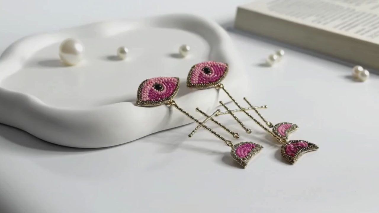 Evil Eye Handmade Long Statement Earrings Pink