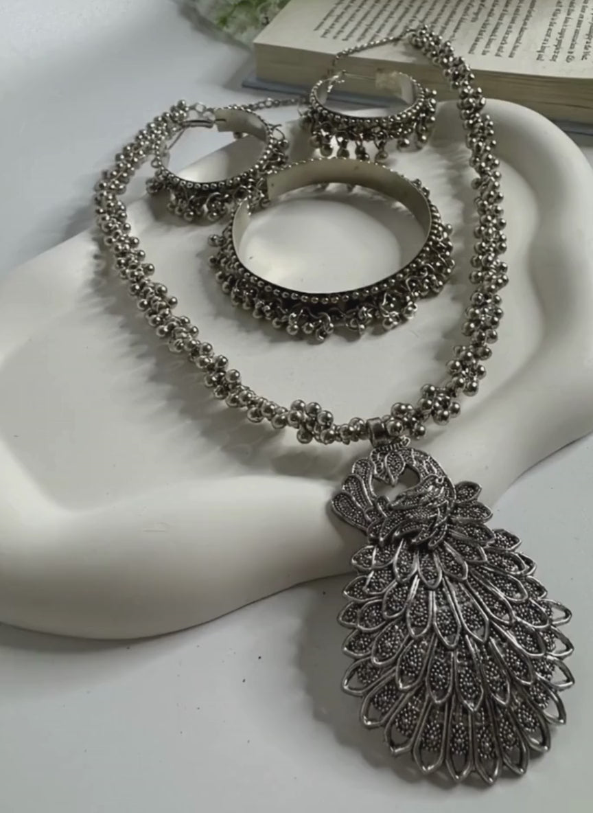 Peacock Drop Oxidised Necklace Set (3-Piece)