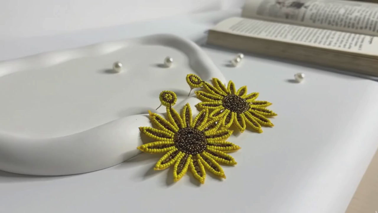 Handmade Sunflower Beaded Statement Earrings