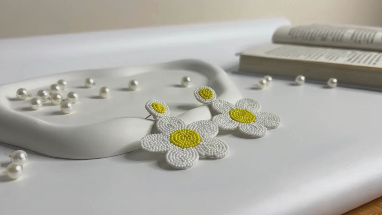 Handmade Beaded Daisy Drop Earrings Yellow & White