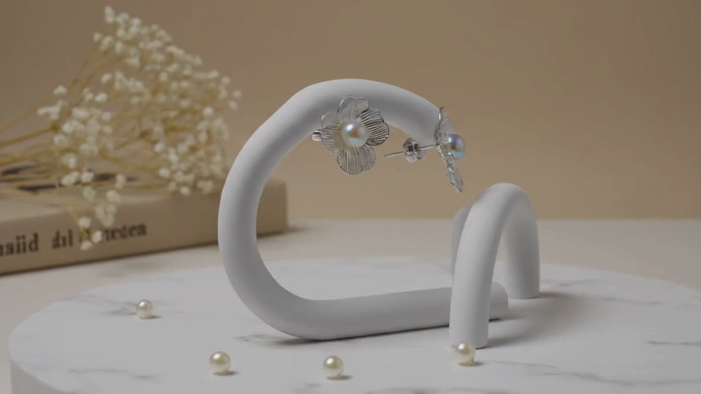 Metal Floral Pearl Stud Earrings Silver